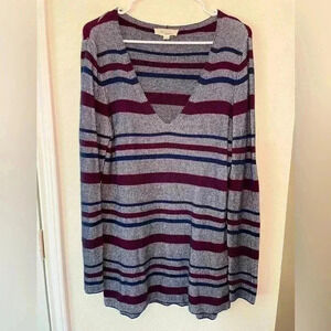 Two by Vince Camuto Red and Blue Scoop V neck Long Knit Sweater Womens Sz Medium